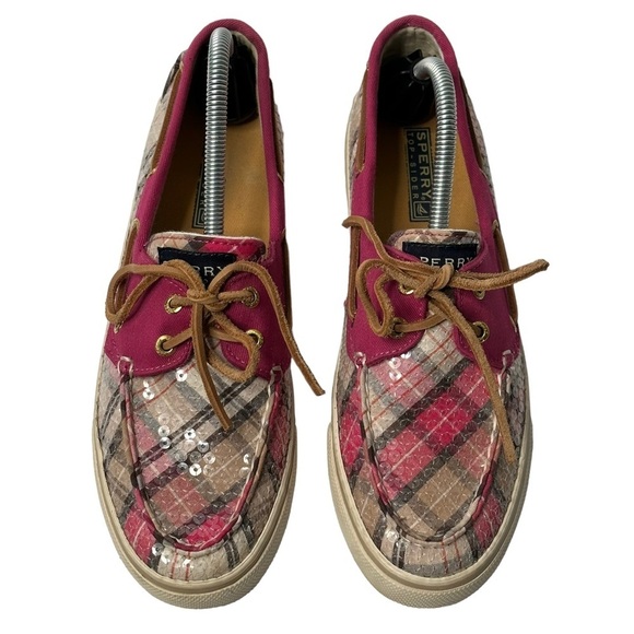 Sperry Top-Sider Bahama Pink Plaid Fuchsia Sequin Boat Shoe Slip on Women's 7M - Picture 2 of 9